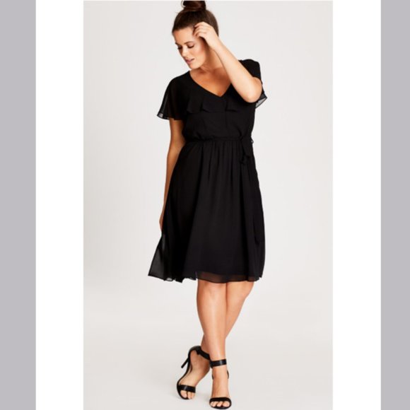City Chic Ruffle V-Neck Fit & Flare Dress Black - NEW - Picture 1 of 16